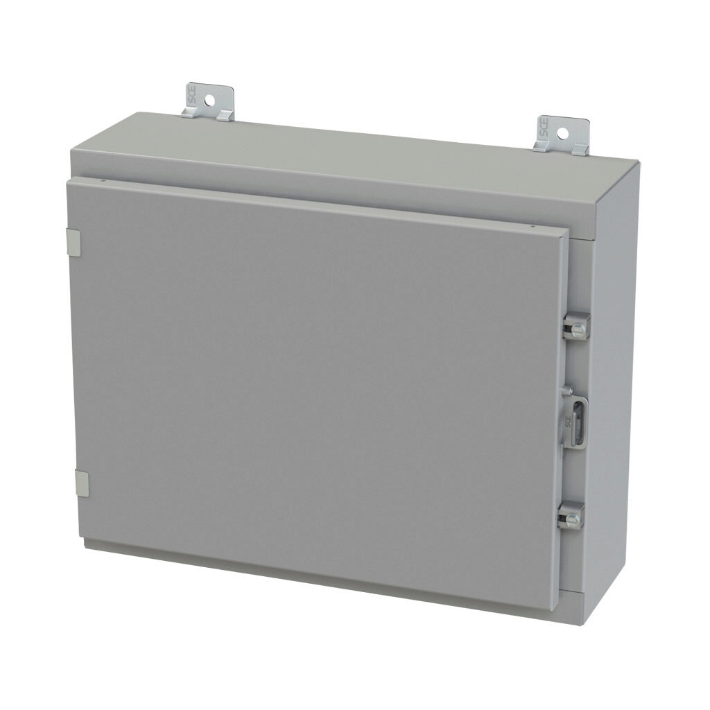 SCE-16H2006LP - Saginaw enclosure, NEMA 3R/4/12/13, 16 x 20 x 6in (HxWxD), wall mount, carbon steel, ANSI 61 gray, powder coat finish, single-door, plated steel clamps, padlock hasp and staple.
