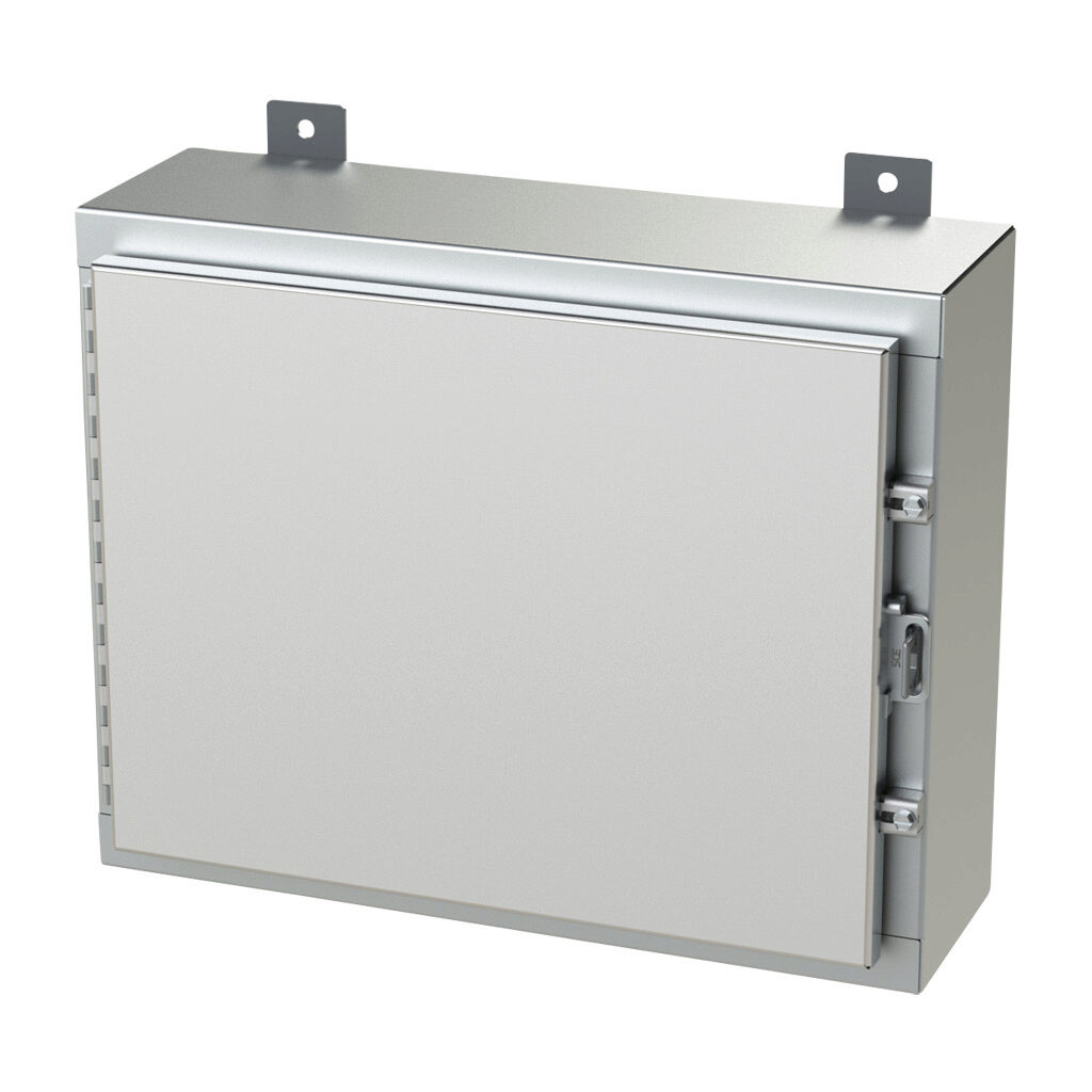 SCE-16H2006SS6LP - Saginaw enclosure, NEMA 3R/4/4X/12/13, 16 x 20 x 6in (HxWxD), wall mount, 316L stainless steel, #4 brush finish, single-door, stainless steel clamps, padlock hasp and staple.
