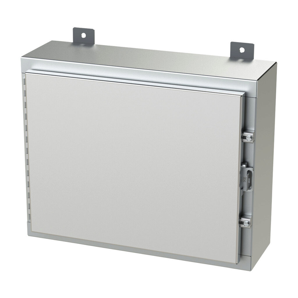 SCE-16H2006SSLP - Saginaw enclosure, NEMA 3R/4/4X/12/13, 16 x 20 x 6in (HxWxD), wall mount, 304 stainless steel, #4 brush finish, single-door, stainless steel clamps, padlock hasp and staple.