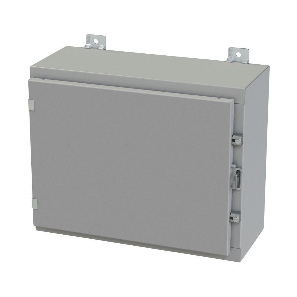 SCE-16H2008LP - Saginaw enclosure, NEMA 3R/4/12/13, 16 x 20 x 8in (HxWxD), wall mount, carbon steel, ANSI 61 gray, powder coat finish, single-door, plated steel clamps, padlock hasp and staple.