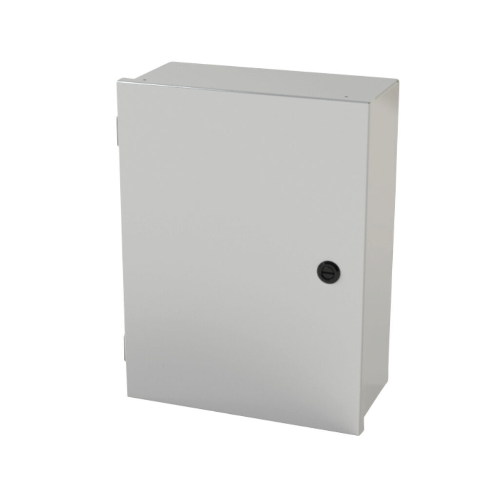 SCE-16N1206LP - Saginaw enclosure, NEMA 1, 16 x 12 x 6in (HxWxD), wall mount, carbon steel, ANSI 61 gray, powder coat finish, single-door, 1/4-turn semi-flush latch.