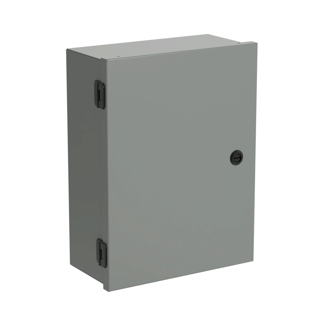 SCE-16N1206NKLP - Saginaw enclosure, NEMA 1, 16 x 12 x 6in (HxWxD), wall mount, with knockouts, carbon steel, ANSI 61 gray, powder coat finish, single-door, 1/4-turn semi-flush latch.