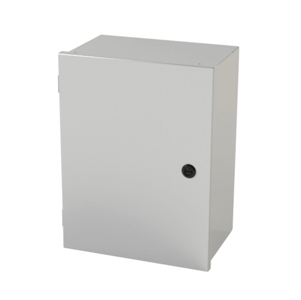SCE-16N1208LP - Saginaw enclosure, NEMA 1, 16 x 12 x 8in (HxWxD), wall mount, carbon steel, ANSI 61 gray, powder coat finish, single-door, 1/4-turn semi-flush latch.