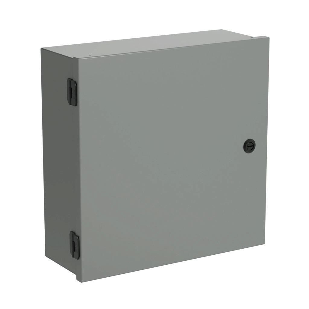 SCE-16N1606NKLP - Saginaw enclosure, NEMA 1, 16 x 16 x 6in (HxWxD), wall mount, with knockouts, carbon steel, ANSI 61 gray, powder coat finish, single-door, 1/4-turn semi-flush latch.