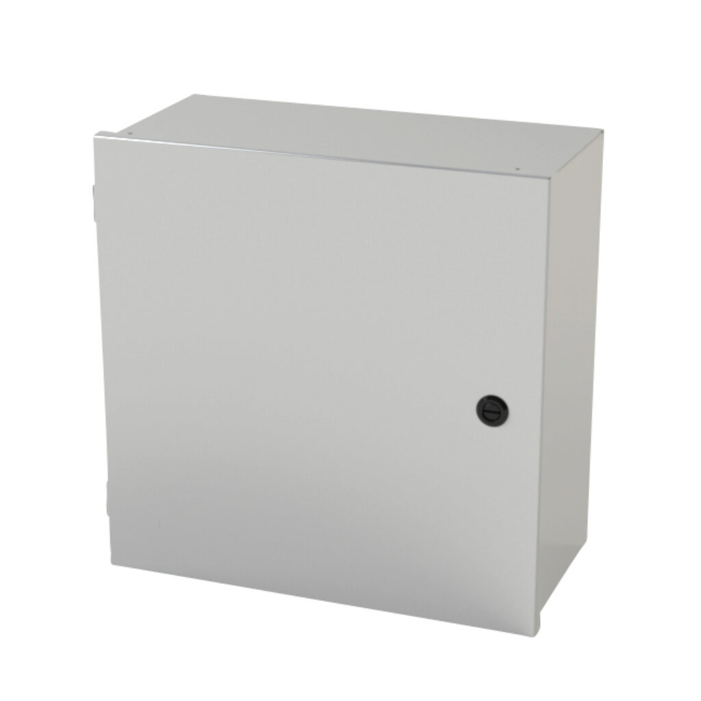 SCE-16N1608LP - Saginaw enclosure, NEMA 1, 16 x 16 x 8in (HxWxD), wall mount, carbon steel, ANSI 61 gray, powder coat finish, single-door, 1/4-turn semi-flush latch.