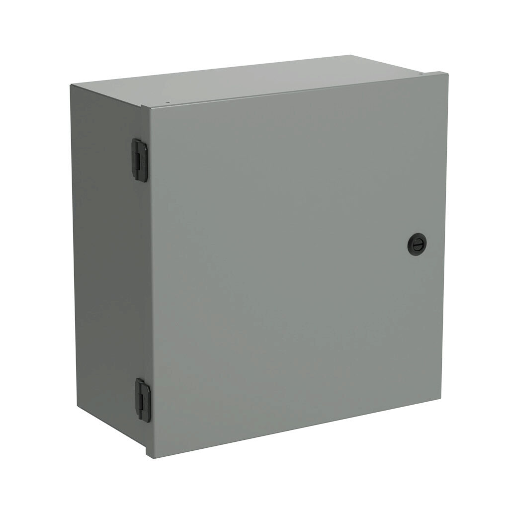 SCE-16N1608NKLP - Saginaw enclosure, NEMA 1, 16 x 16 x 8in (HxWxD), wall mount, with knockouts, carbon steel, ANSI 61 gray, powder coat finish, single-door, 1/4-turn semi-flush latch.