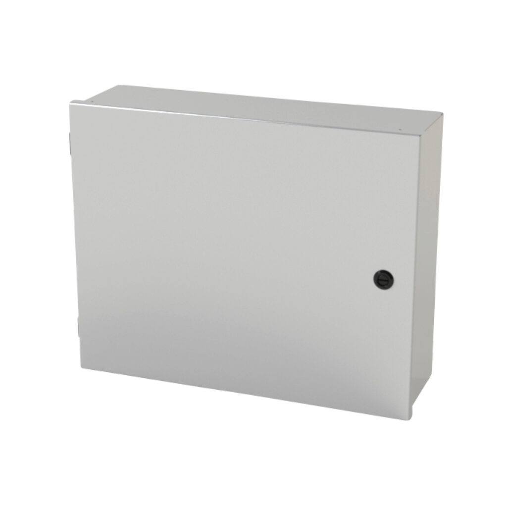 SCE-16N2006LP - Saginaw enclosure, NEMA 1, 16 x 20 x 6in (HxWxD), wall mount, carbon steel, ANSI 61 gray, powder coat finish, single-door, 1/4-turn semi-flush latch.