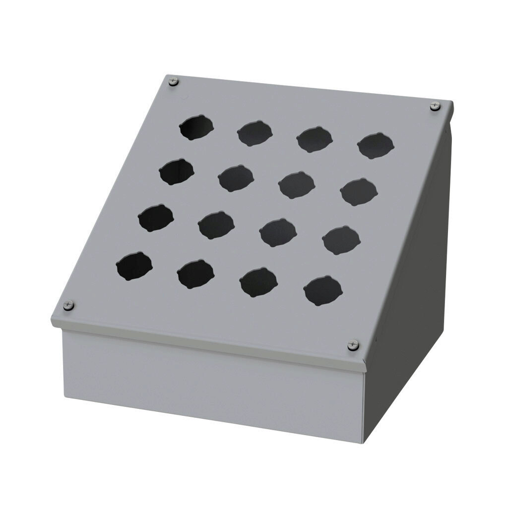 SCE-16PBA - Saginaw pushbutton consolet, 16 holes, 30mm, NEMA 4/12/13, 11 x 11 x 9in (HxWxD), wall mount, carbon steel, ANSI 61 gray, powder coat finish, screw cover.