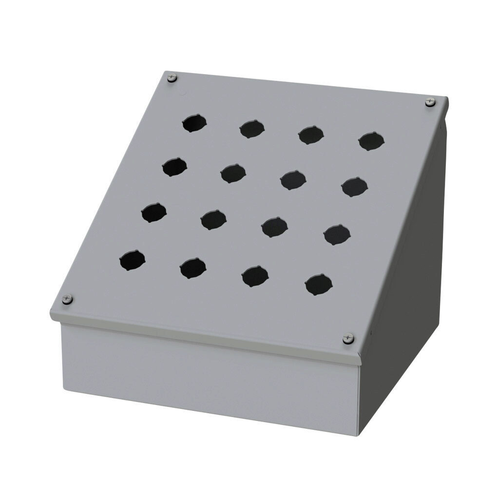 SCE-16PBAI - Saginaw pushbutton consolet, 16 holes, 22mm, NEMA 4/12/13, 11 x 11 x 9in (HxWxD), wall mount, carbon steel, ANSI 61 gray, powder coat finish, screw cover.