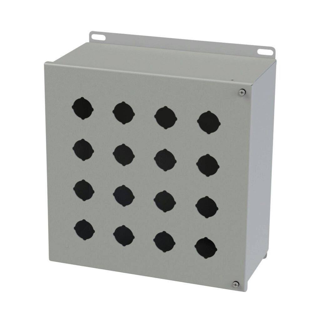 SCE-16PBH - Saginaw pushbutton enclosure, 16 holes, 30mm, NEMA 4/12/13, 12 x 12 x 6in (HxWxD), wall mount, carbon steel, ANSI 61 gray, powder coat finish, hinged screw cover.