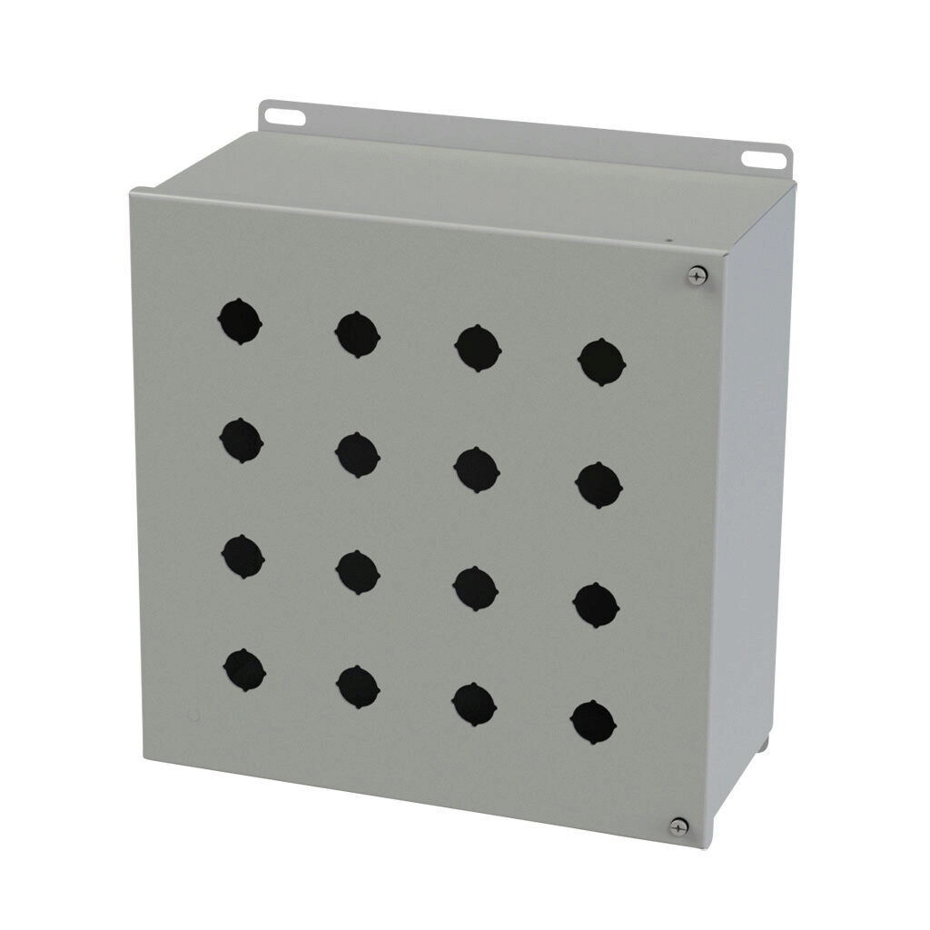 SCE-16PBHI - Saginaw pushbutton enclosure, 16 holes, 22mm, NEMA 4/12/13, 12 x 12 x 6in (HxWxD), wall mount, carbon steel, ANSI 61 gray, powder coat finish, hinged screw cover.