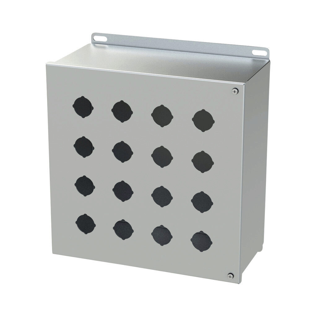 SCE-16PBHSS - Saginaw pushbutton enclosure, 16 holes, 30mm, NEMA 4/4X/12/13, 12 x 12 x 6in (HxWxD), wall mount, 304 stainless steel, #4 brush finish, hinged screw cover.