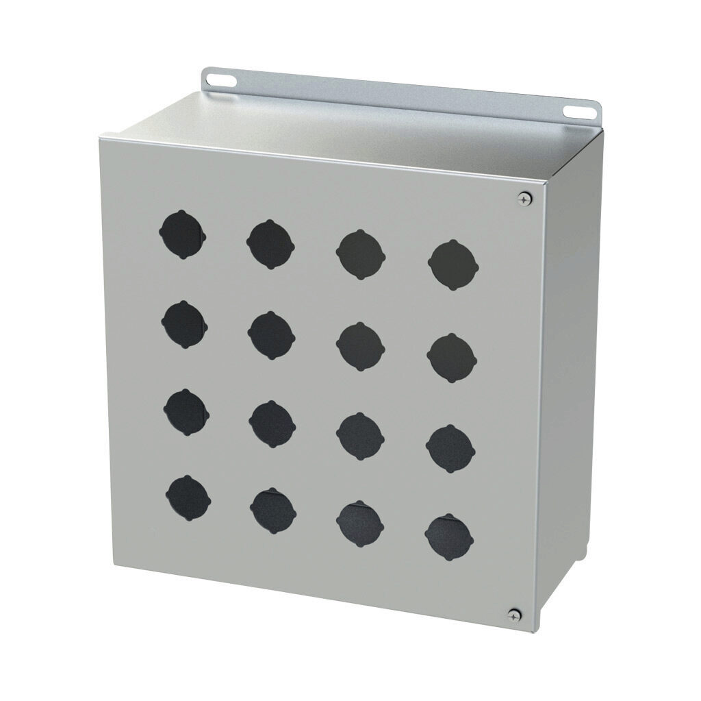 SCE-16PBHSS6 - Saginaw pushbutton enclosure, 16 holes, 30mm, NEMA 4/4X/12/13, 12 x 12 x 6in (HxWxD), wall mount, 316L stainless steel, #4 brush finish, hinged screw cover.