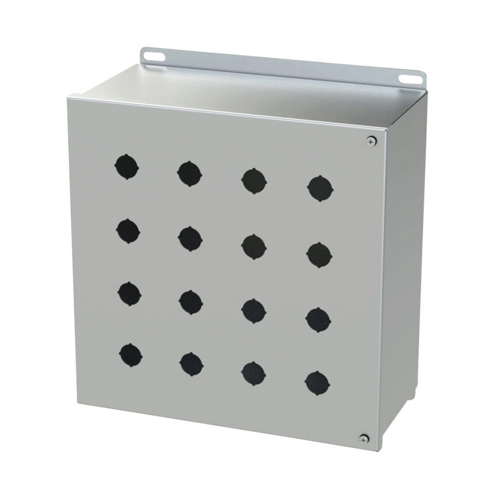 SCE-16PBHSSI - Saginaw pushbutton enclosure, 16 holes, 22mm, NEMA 4/4X/12/13, 12 x 12 x 6in (HxWxD), wall mount, 304 stainless steel, #4 brush finish, hinged screw cover.