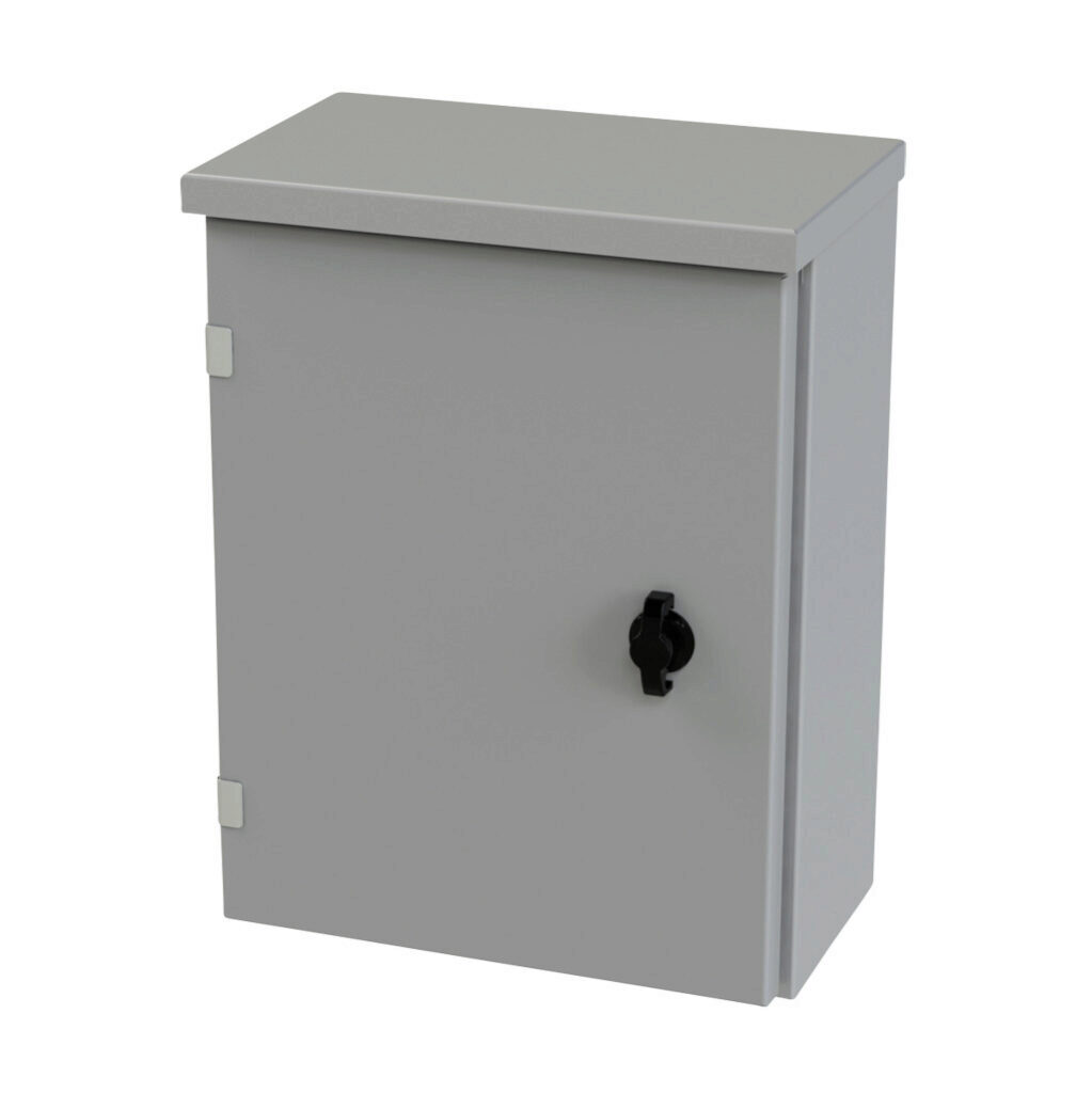 SCE-16R1206LP - Saginaw enclosure, NEMA 3R, 16 x 12 x 6in (HxWxD), wall mount, carbon steel, ANSI 61 gray, powder coat finish, single-door, 1/4-turn padlocking wing handle.