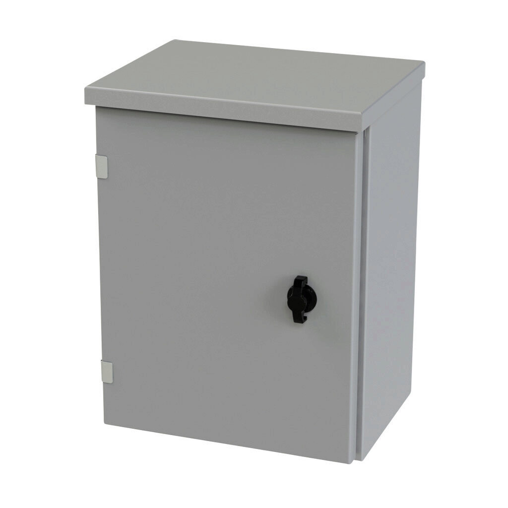SCE-16R1208LP - Saginaw enclosure, NEMA 3R, 16 x 12 x 8in (HxWxD), wall mount, carbon steel, ANSI 61 gray, powder coat finish, single-door, 1/4-turn padlocking wing handle.