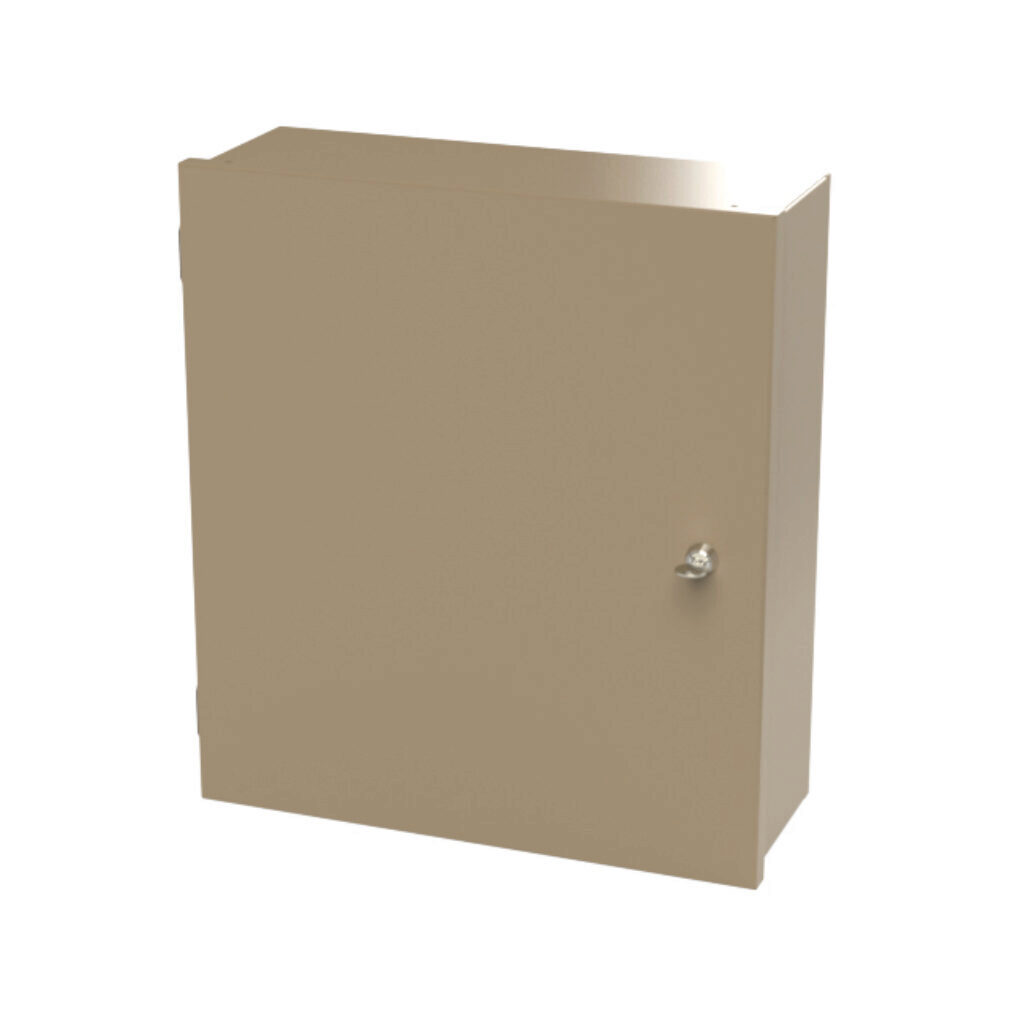 SCE-18N1606NK-T - Saginaw enclosure, NEMA 1, 18 x 16 x 6in (HxWxD), wall mount, with knockouts, carbon steel, taupe tan, powder coat finish, single-door, 1/4-turn semi-flush latch.