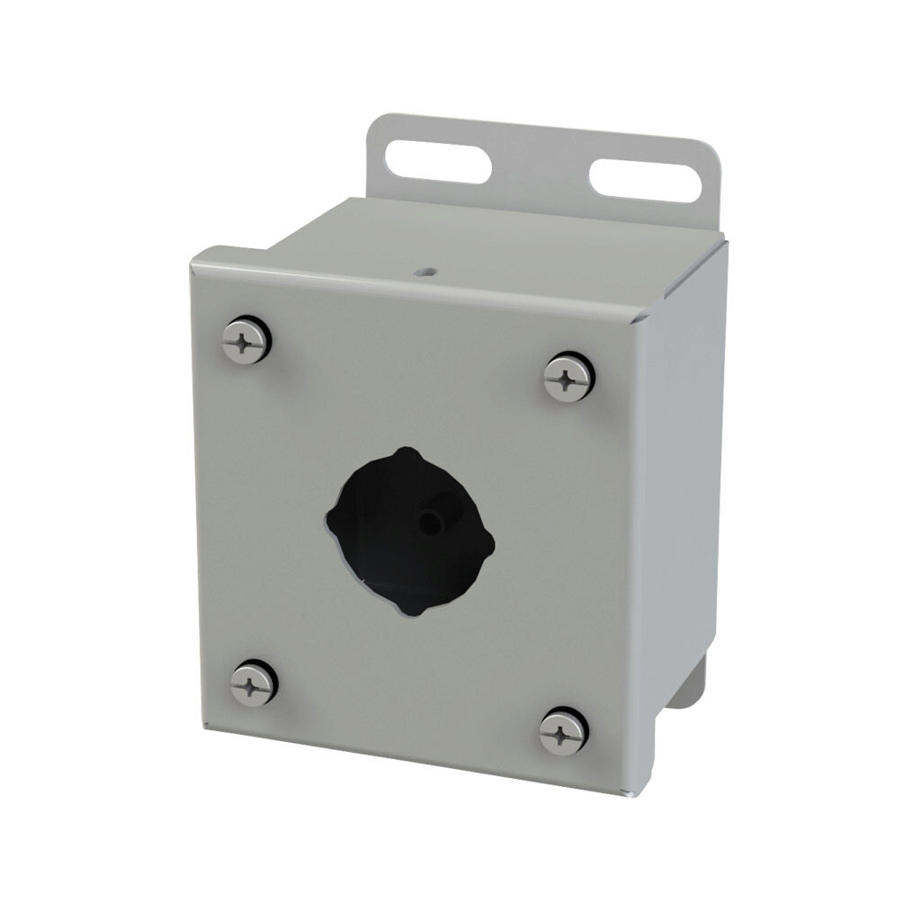 SCE-1PB - Saginaw pushbutton enclosure, 1 hole, 30mm, NEMA 4/12/13, 4 x 4 x 3in (HxWxD), wall mount, carbon steel, ANSI 61 gray, powder coat finish, screw cover.