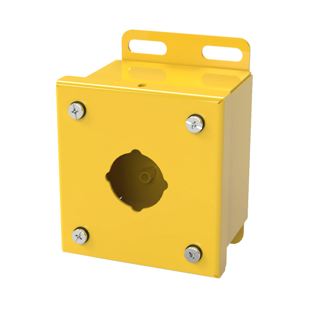 SCE-1PB-RAL1018 - Saginaw pushbutton enclosure, 1 hole, 30mm, NEMA 4/12/13, 4 x 4 x 3in (HxWxD), wall mount, carbon steel, RAL 1018 yellow, powder coat finish, screw cover.