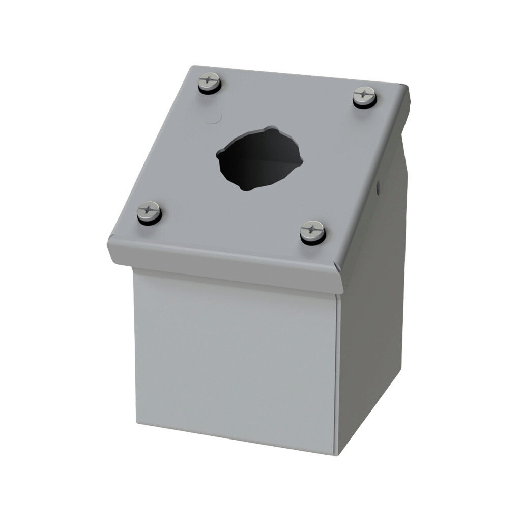SCE-1PBA - Saginaw pushbutton consolet, 1 hole, 30mm, NEMA 4/12/13, 4 x 4 x 5in (HxWxD), wall mount, carbon steel, ANSI 61 gray, powder coat finish, screw cover.