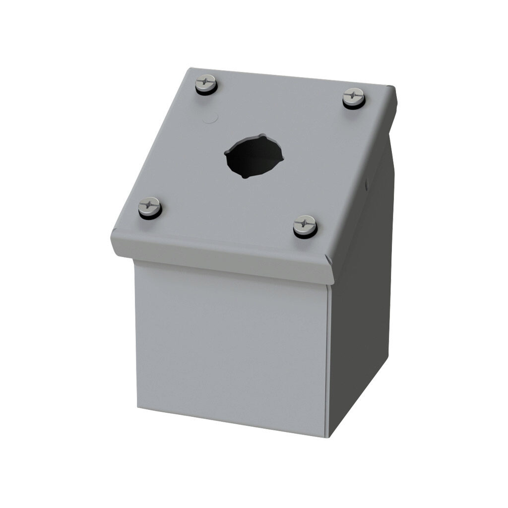 SCE-1PBAI - Saginaw pushbutton consolet, 1 hole, 22mm, NEMA 4/12/13, 4 x 4 x 5in (HxWxD), wall mount, carbon steel, ANSI 61 gray, powder coat finish, screw cover.