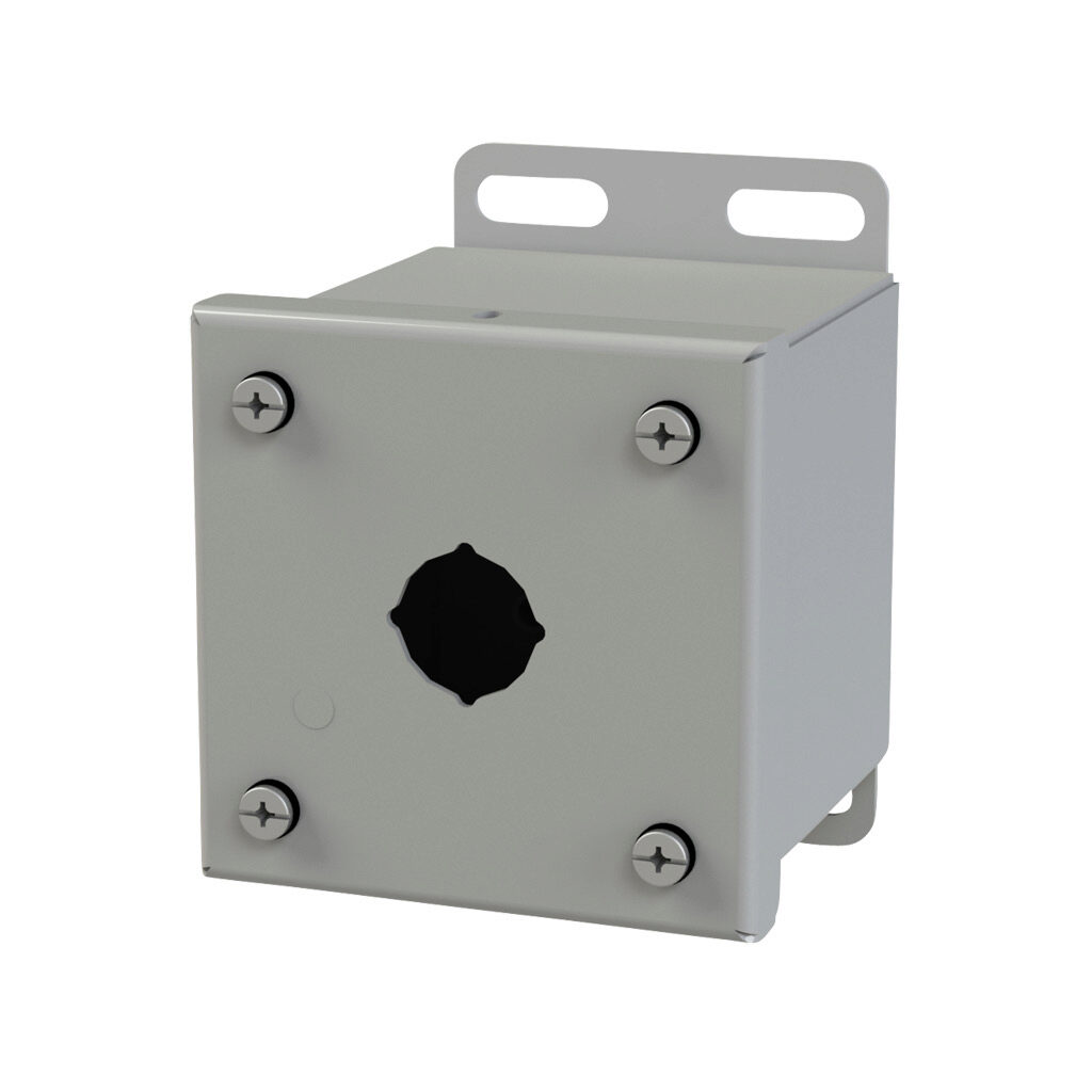 SCE-1PBGX - Saginaw pushbutton enclosure, 1 hole, 22mm, NEMA 4/12/13, 4 x 4 x 4in (HxWxD), wall mount, carbon steel, ANSI 61 gray, powder coat finish, screw cover.