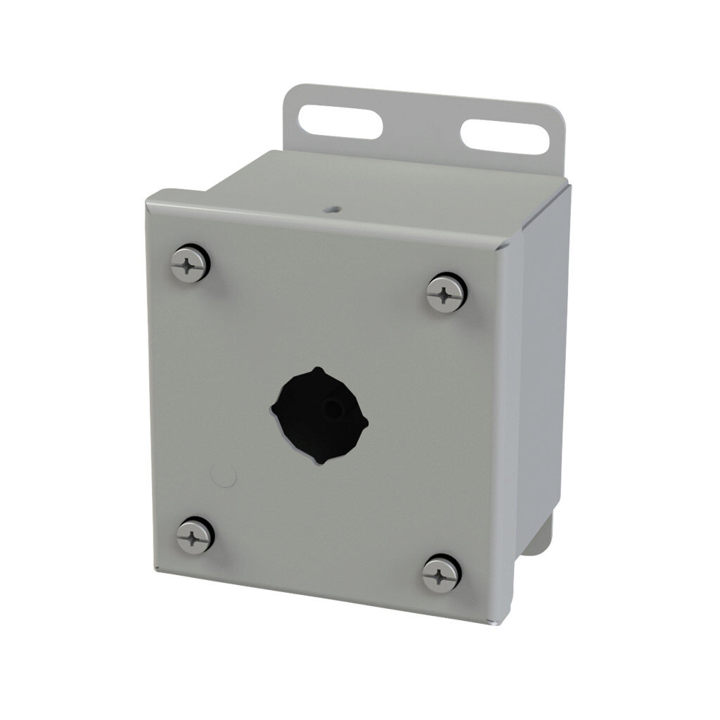 SCE-1PBI - Saginaw pushbutton enclosure, 1 hole, 22mm, NEMA 4/12/13, 4 x 4 x 3in (HxWxD), wall mount, carbon steel, ANSI 61 gray, powder coat finish, screw cover.