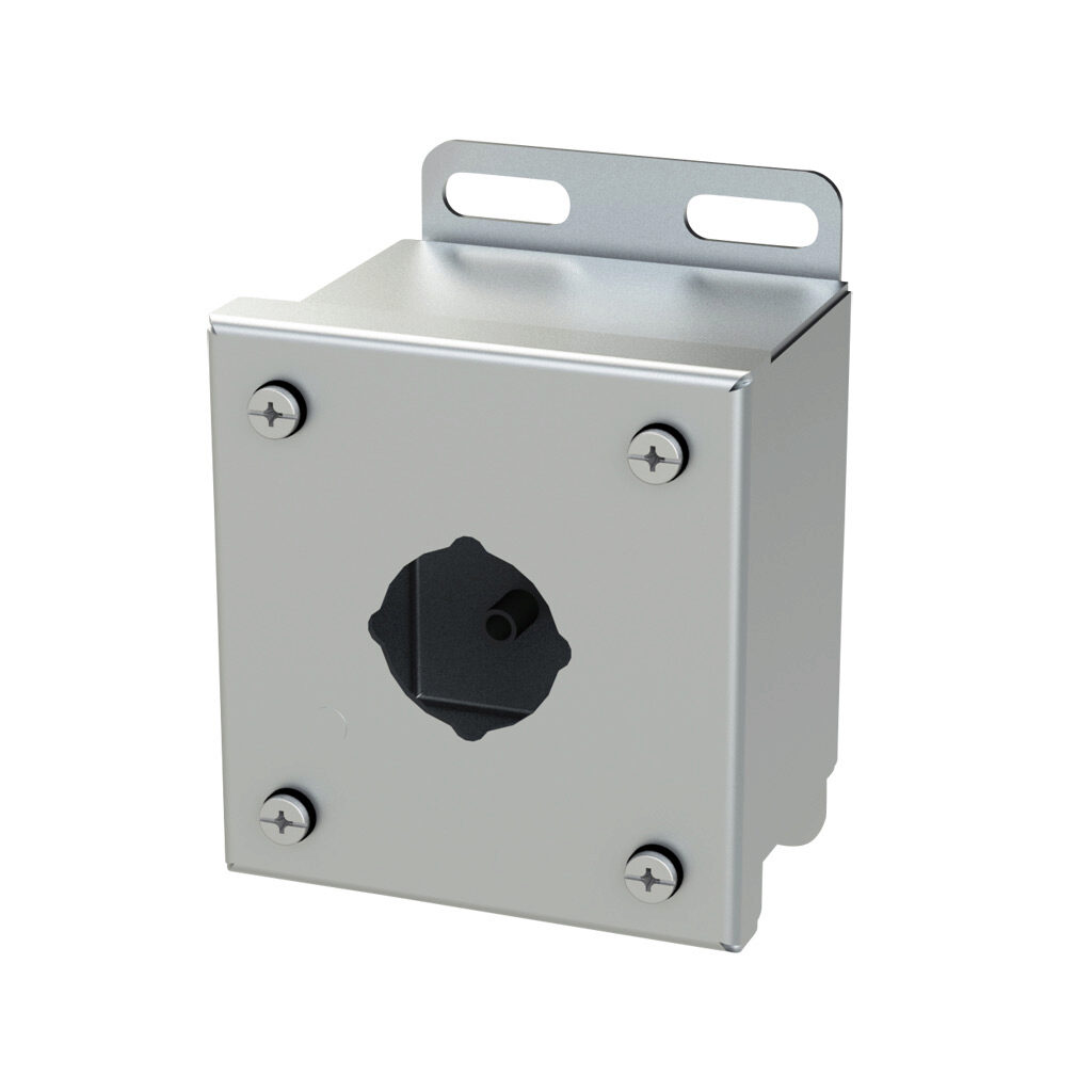 SCE-1PBSS6 - Saginaw pushbutton enclosure, 1 hole, 30mm, NEMA 4/4X/12/13, 4 x 4 x 3in (HxWxD), wall mount, 316L stainless steel, #4 brush finish, screw cover.