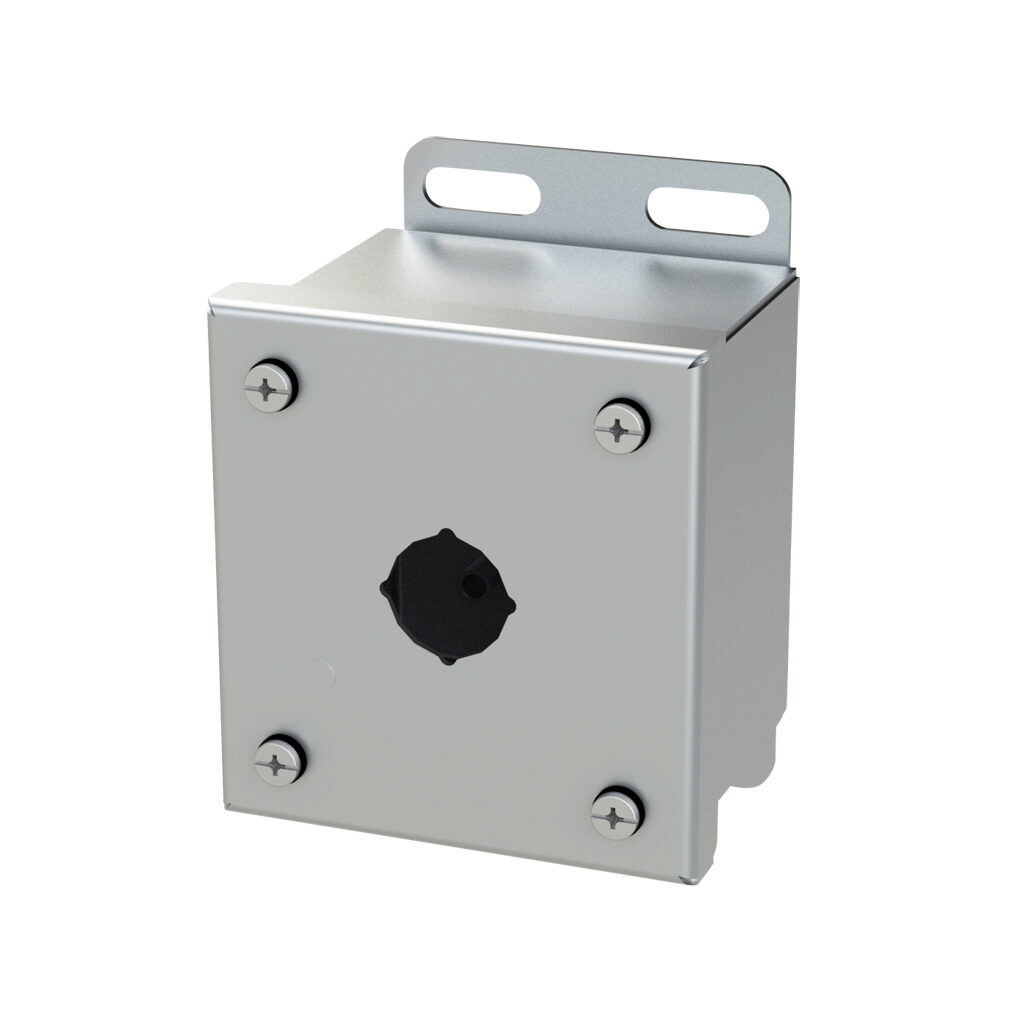SCE-1PBSS6I - Saginaw pushbutton enclosure, 1 hole, 22mm, NEMA 4/4X/12/13, 4 x 4 x 3in (HxWxD), wall mount, 316L stainless steel, #4 brush finish, screw cover.