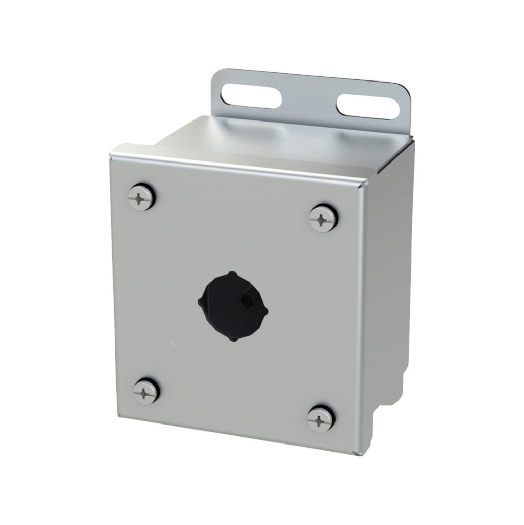 SCE-1PBSSI - Saginaw pushbutton enclosure, 1 hole, 22mm, NEMA 4/4X/12/13, 4 x 4 x 3in (HxWxD), wall mount, 304 stainless steel, #4 brush finish, screw cover.