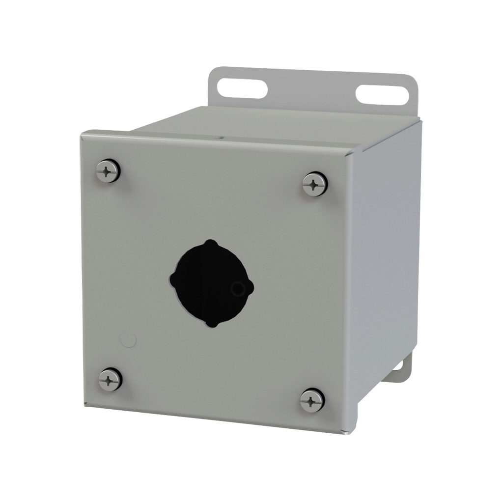 SCE-1PBX - Saginaw pushbutton enclosure, 1 hole, 30mm, NEMA 4/12/13, 4 x 4 x 5in (HxWxD), wall mount, carbon steel, ANSI 61 gray, powder coat finish, screw cover.