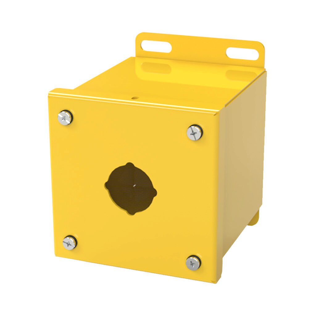 SCE-1PBX-RAL1018 - Saginaw pushbutton enclosure, 1 hole, 30mm, NEMA 4/12/13, 4 x 4 x 5in (HxWxD), wall mount, carbon steel, RAL 1018 yellow, powder coat finish, screw cover.