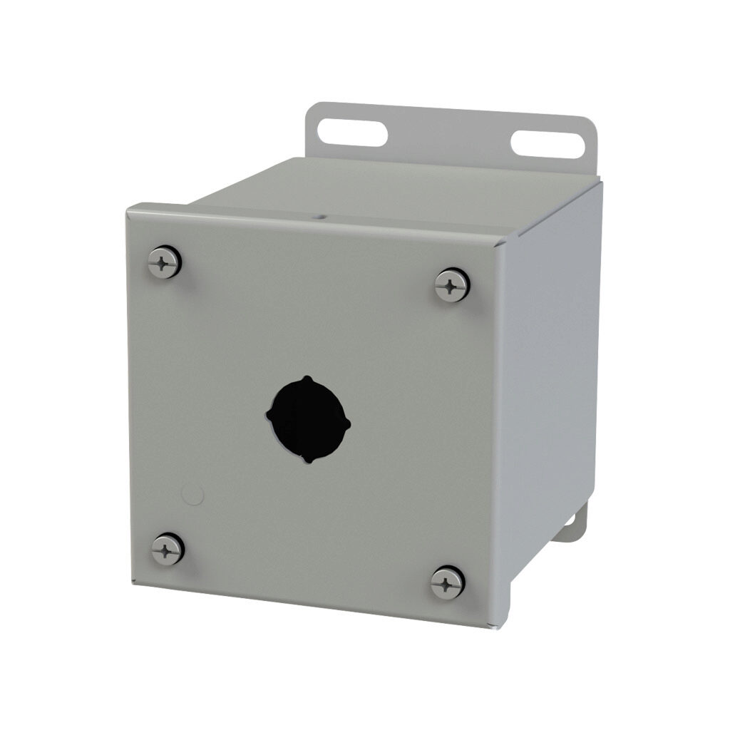 SCE-1PBXI - Saginaw pushbutton enclosure, 1 hole, 22mm, NEMA 4/12/13, 4 x 4 x 5in (HxWxD), wall mount, carbon steel, ANSI 61 gray, powder coat finish, screw cover.