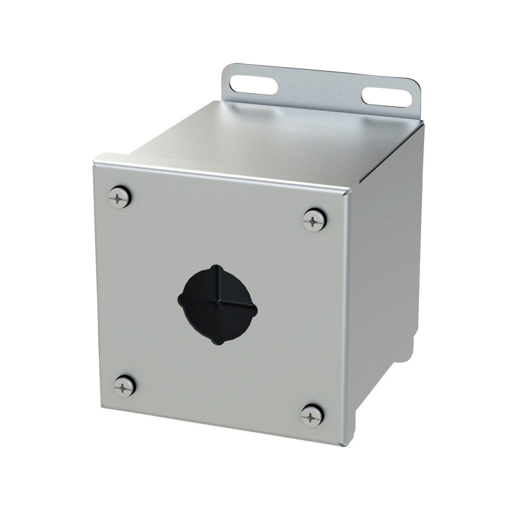SCE-1PBXSS6 - Saginaw pushbutton enclosure, 1 hole, 30mm, NEMA 4/4X/12/13, 4 x 4 x 5in (HxWxD), wall mount, 316L stainless steel, #4 brush finish, screw cover.