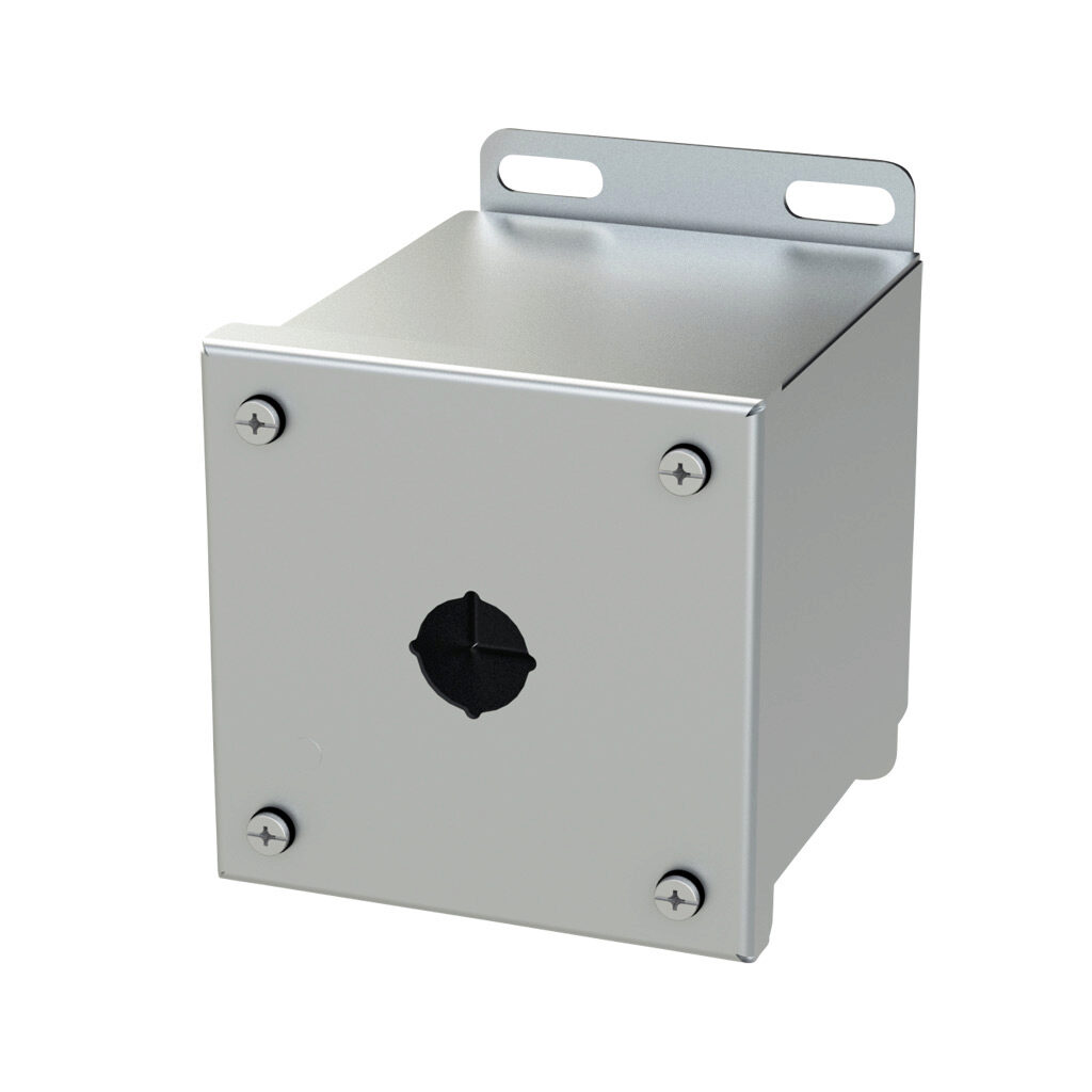 SCE-1PBXSS6I - Saginaw pushbutton enclosure, 1 hole, 22mm, NEMA 4/4X/12/13, 4 x 4 x 5in (HxWxD), wall mount, 316L stainless steel, #4 brush finish, screw cover.