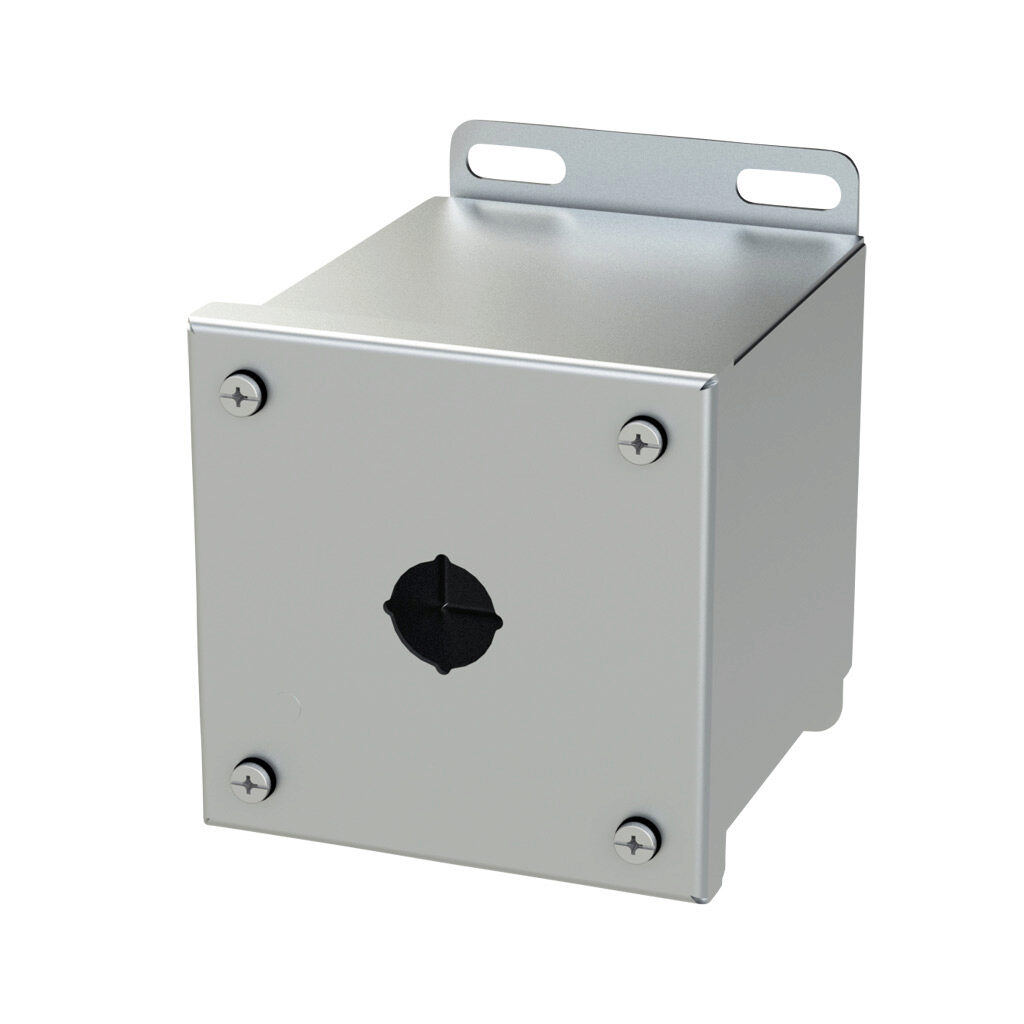 SCE-1PBXSSI - Saginaw pushbutton enclosure, 1 hole, 22mm, NEMA 4/4X/12/13, 4 x 4 x 5in (HxWxD), wall mount, 304 stainless steel, #4 brush finish, screw cover.