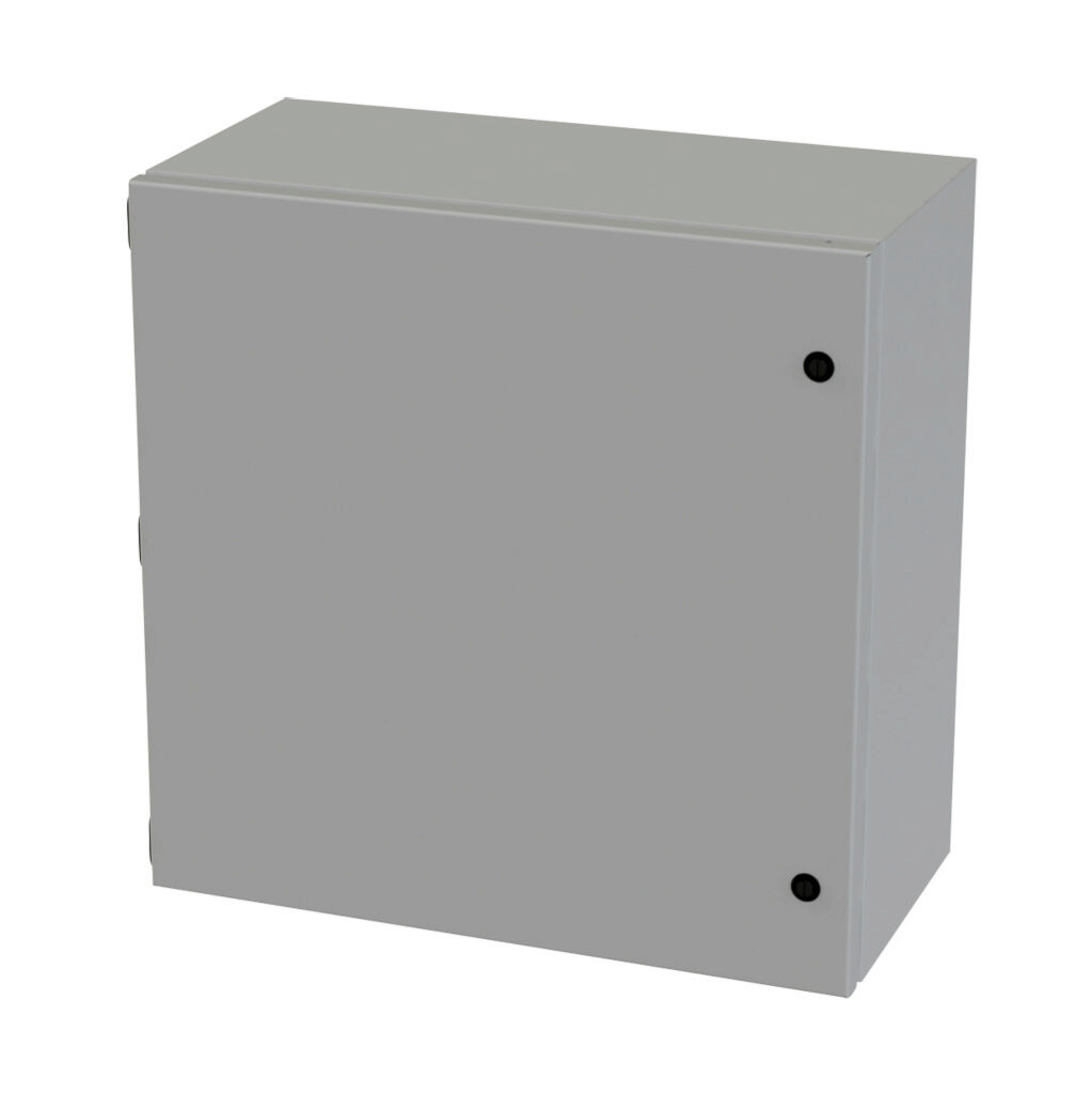 SCE-202010ELJ - Saginaw Enviroline Junction series enclosure, NEMA 3R/4/12/13, 20 x 20 x 10in (HxWxD), wall mount, carbon steel, ANSI 61 gray, powder coat finish, single-door, 1/4-turn semi-flush latch.