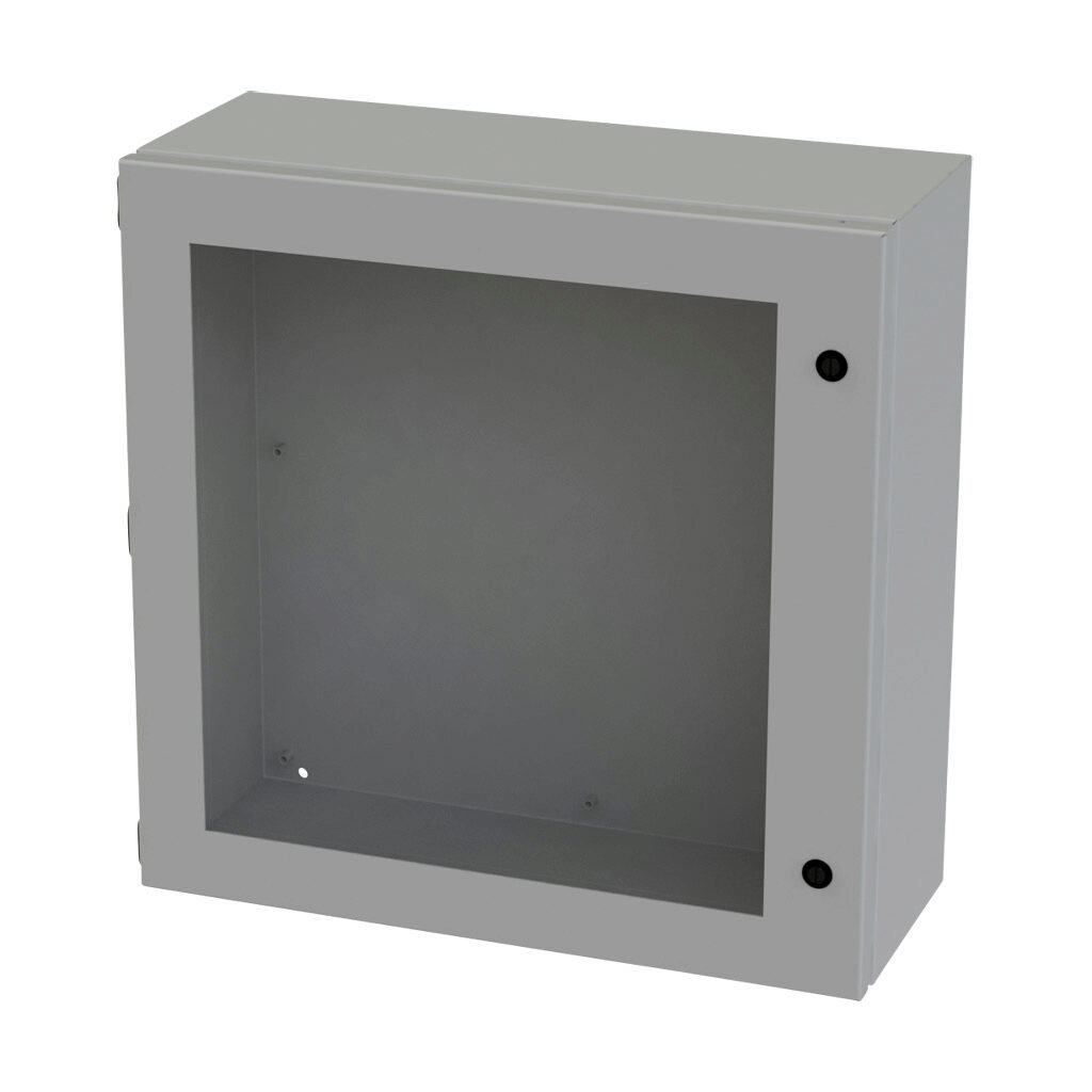 SCE-20208ELJW - Saginaw Enviroline Junction series enclosure, NEMA 3R/4/12/13, 20 x 20 x 8in (HxWxD), wall mount, carbon steel, ANSI 61 gray, powder coat finish, single-door, 1/4-turn semi-flush latch, polycarbonate window.