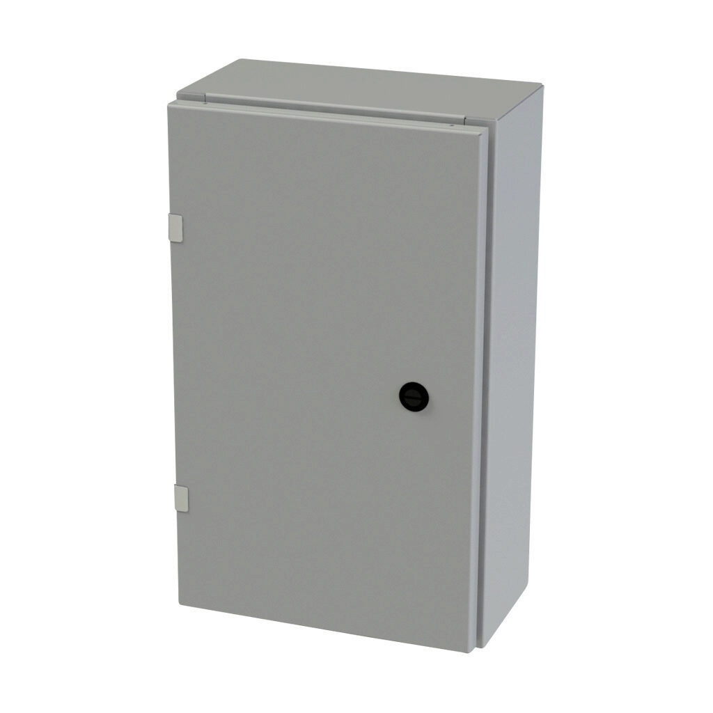 SCE-20EL1206LP - Saginaw Enviroline series enclosure, NEMA 3R/4/12/13, 20 x 12 x 6in (HxWxD), wall mount, carbon steel, ANSI 61 gray, powder coat finish, single-door, 1/4-turn semi-flush latch.