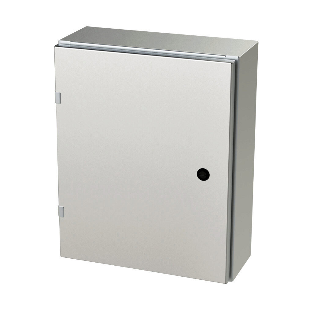 SCE-20EL1606SSLP - Saginaw Enviroline series enclosure, NEMA 3R/4/4X/12/13, 20 x 16 x 6in (HxWxD), wall mount, 304 stainless steel, #4 brush finish, single-door, 1/4-turn semi-flush latch.
