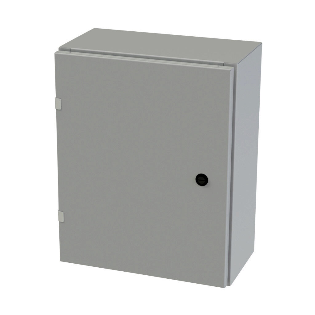 SCE-20EL1608LP - Saginaw Enviroline series enclosure, NEMA 3R/4/12/13, 20 x 16 x 8in (HxWxD), wall mount, carbon steel, ANSI 61 gray, powder coat finish, single-door, 1/4-turn semi-flush latch.