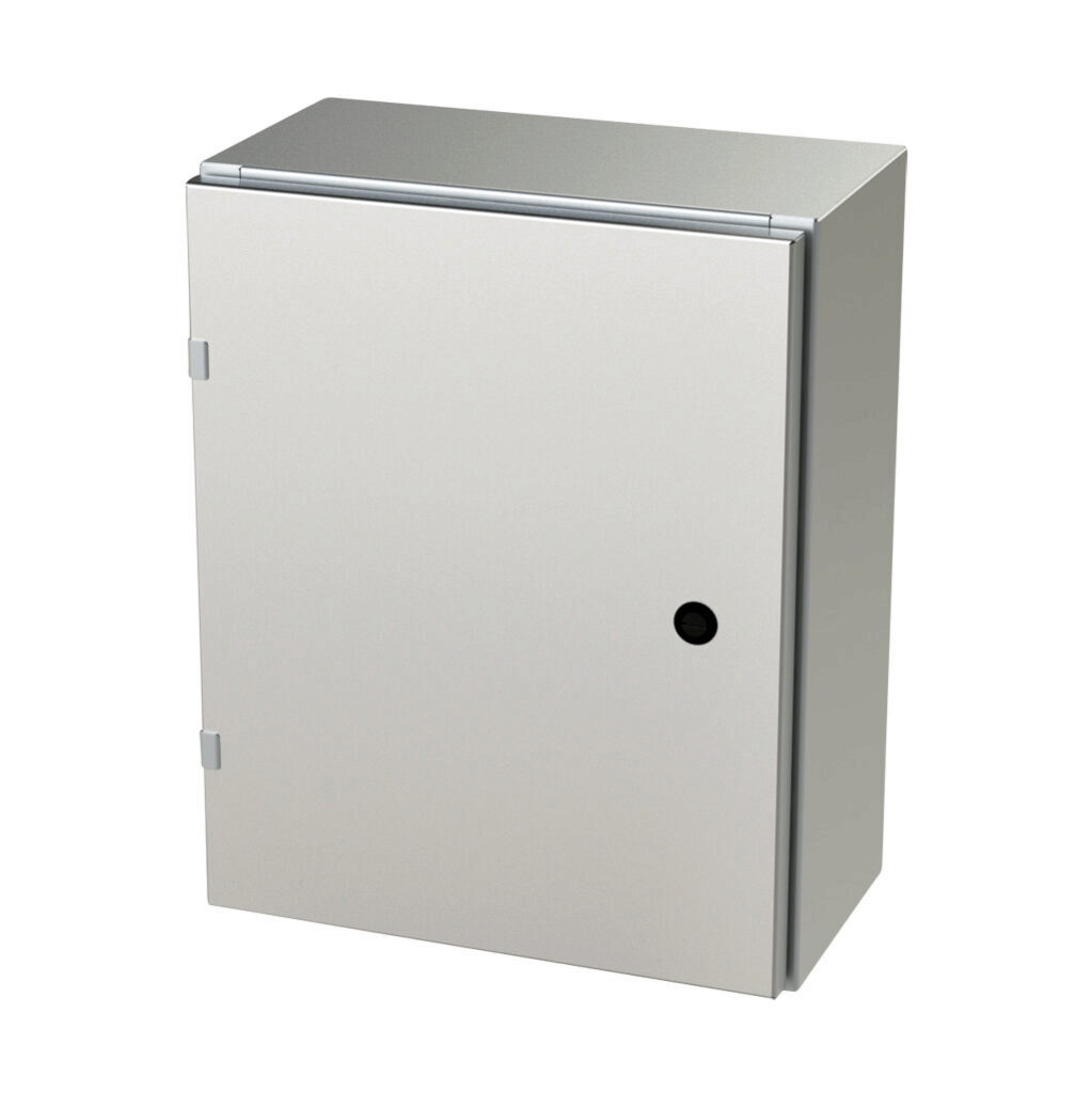 SCE-20EL1608SS6LP - Saginaw Enviroline series enclosure, NEMA 3R/4/4X/12/13, 20 x 16 x 8in (HxWxD), wall mount, 316L stainless steel, #4 brush finish, single-door, 1/4-turn semi-flush latch.
