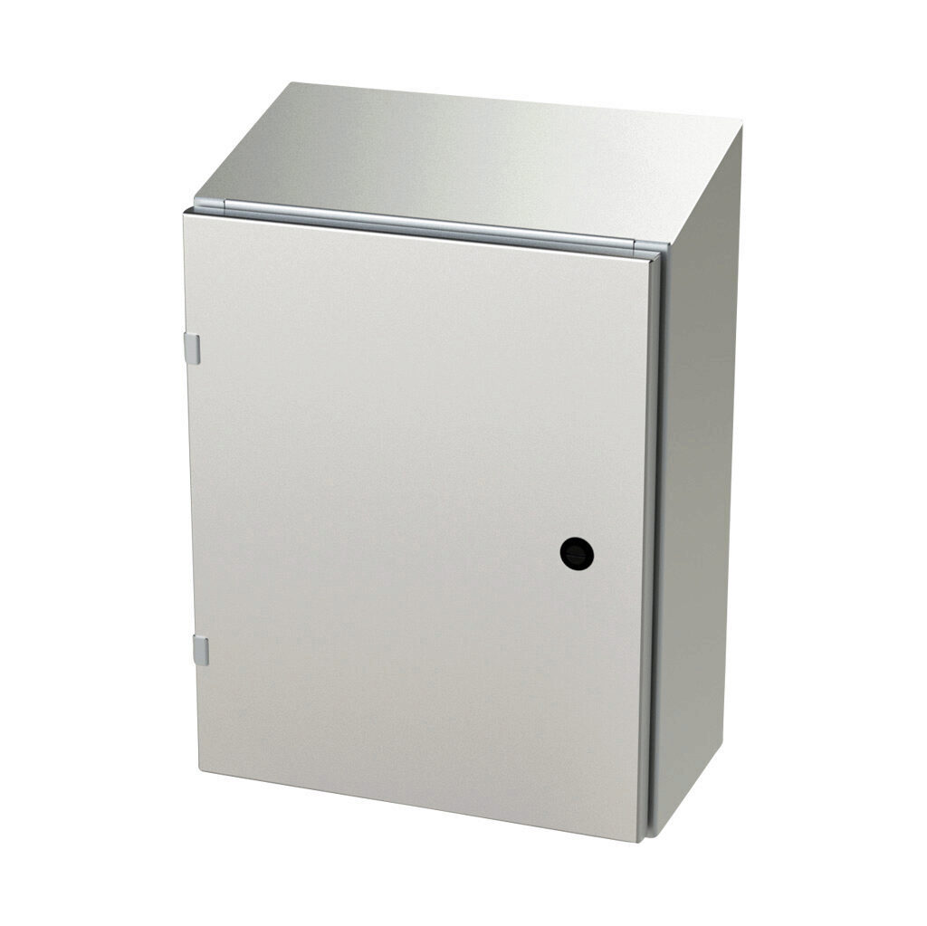 SCE-20EL1608SSST - Saginaw Enviroline series enclosure, slope top, NEMA 3R/4/4X/12/13, 20 x 16 x 8in (HxWxD), wall mount, 304 stainless steel, #4 brush finish, single-door, 1/4-turn semi-flush latch.