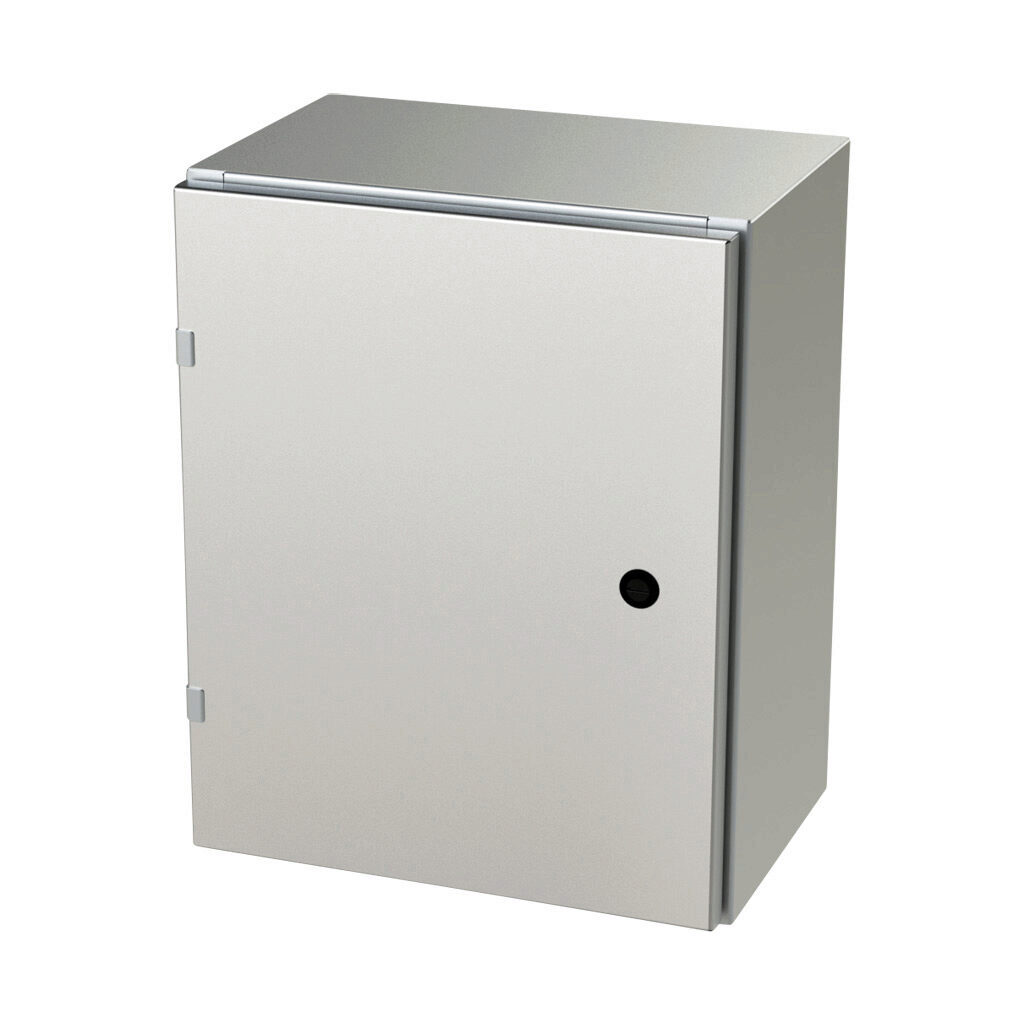 SCE-20EL1610SSLP - Saginaw Enviroline series enclosure, NEMA 3R/4/4X/12/13, 20 x 16 x 10in (HxWxD), wall mount, 304 stainless steel, #4 brush finish, single-door, 1/4-turn semi-flush latch.