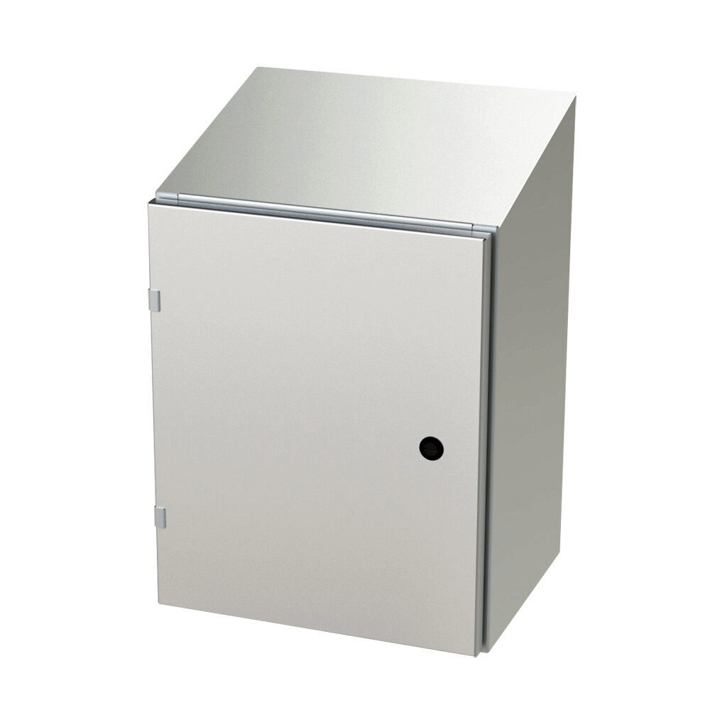 SCE-20EL1612SSST - Saginaw Enviroline series enclosure, slope top, NEMA 3R/4/4X/12/13, 20 x 16 x 12in (HxWxD), wall mount, 304 stainless steel, #4 brush finish, single-door, 1/4-turn semi-flush latch.