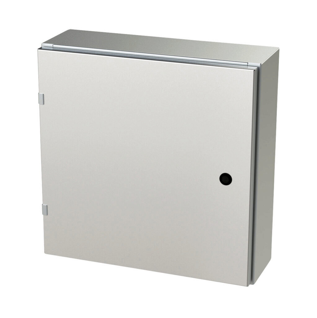 SCE-20EL2006SSLP - Saginaw Enviroline series enclosure, NEMA 3R/4/4X/12/13, 20 x 20 x 6in (HxWxD), wall mount, 304 stainless steel, #4 brush finish, single-door, 1/4-turn semi-flush latch.