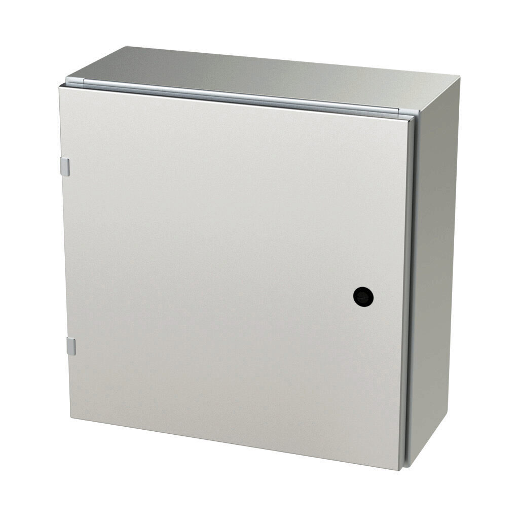 SCE-20EL2008SS6LP - Saginaw Enviroline series enclosure, NEMA 3R/4/4X/12/13, 20 x 20 x 8in (HxWxD), wall mount, 316L stainless steel, #4 brush finish, single-door, 1/4-turn semi-flush latch.