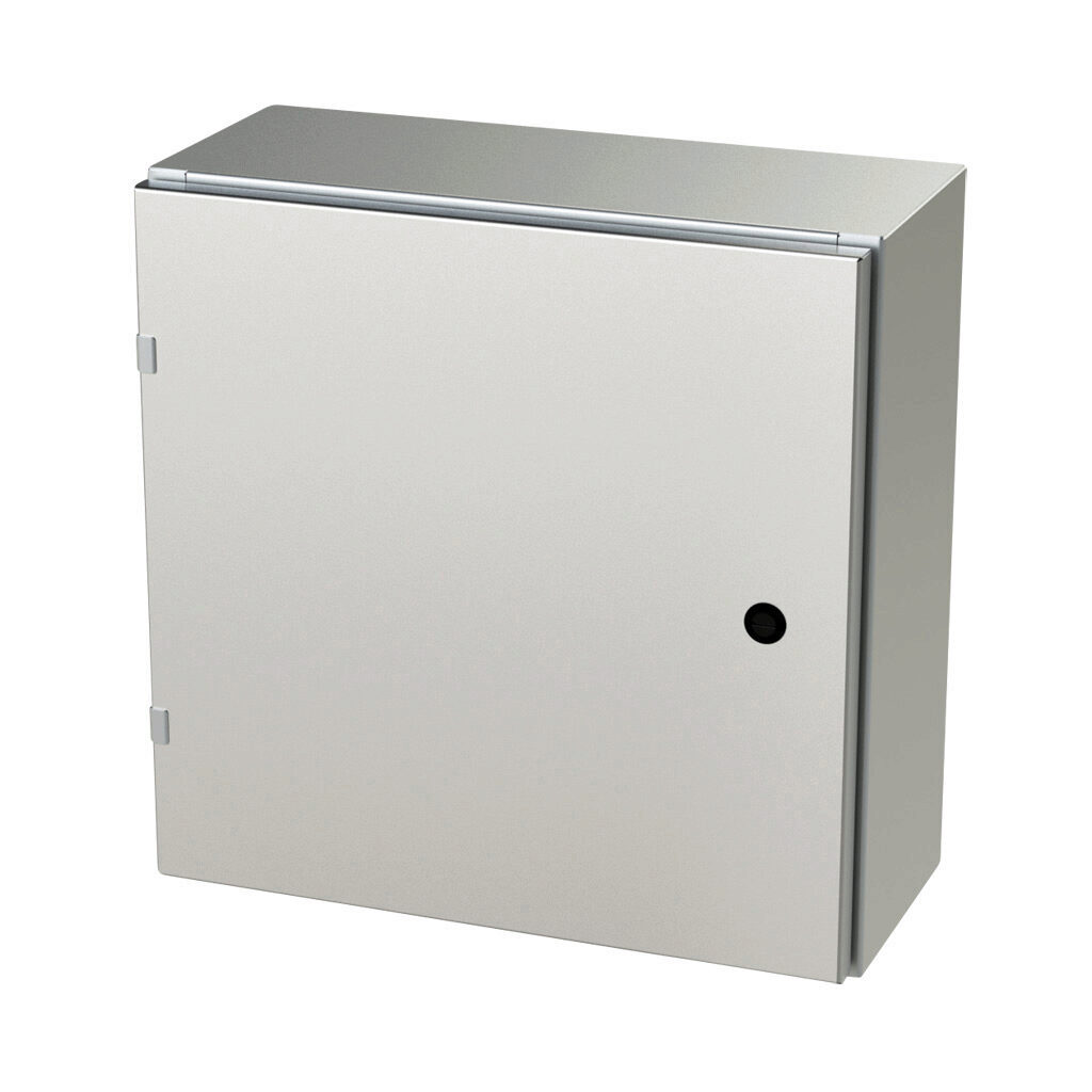 SCE-20EL2008SSLP - Saginaw Enviroline series enclosure, NEMA 3R/4/4X/12/13, 20 x 20 x 8in (HxWxD), wall mount, 304 stainless steel, #4 brush finish, single-door, 1/4-turn semi-flush latch.