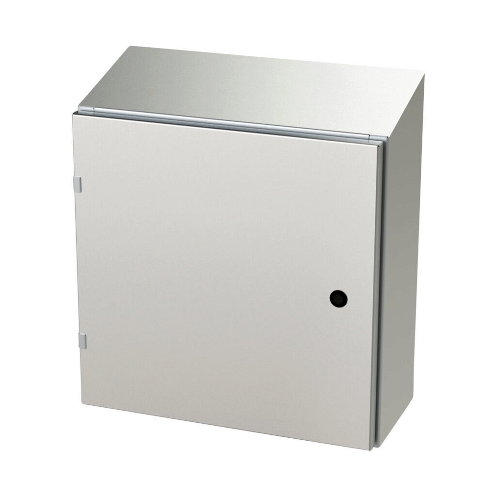 SCE-20EL2008SSST - Saginaw Enviroline series enclosure, slope top, NEMA 3R/4/4X/12/13, 20 x 20 x 8in (HxWxD), wall mount, 304 stainless steel, #4 brush finish, single-door, 1/4-turn semi-flush latch.