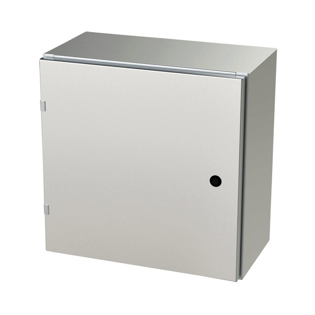 SCE-20EL2010SSLP - Saginaw Enviroline series enclosure, NEMA 3R/4/4X/12/13, 20 x 20 x 10in (HxWxD), wall mount, 304 stainless steel, #4 brush finish, single-door, 1/4-turn semi-flush latch.